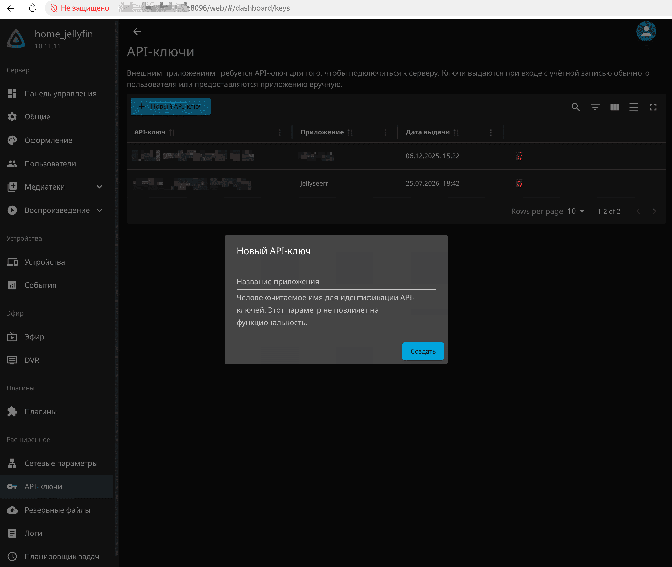 Создание API-ключа в панели управления Jellyfin